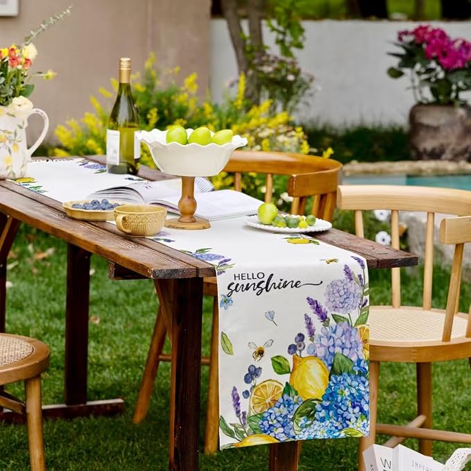 Summer Lemon Table Runner Blue Hydrangeas Burlap Table Runners - Image 6