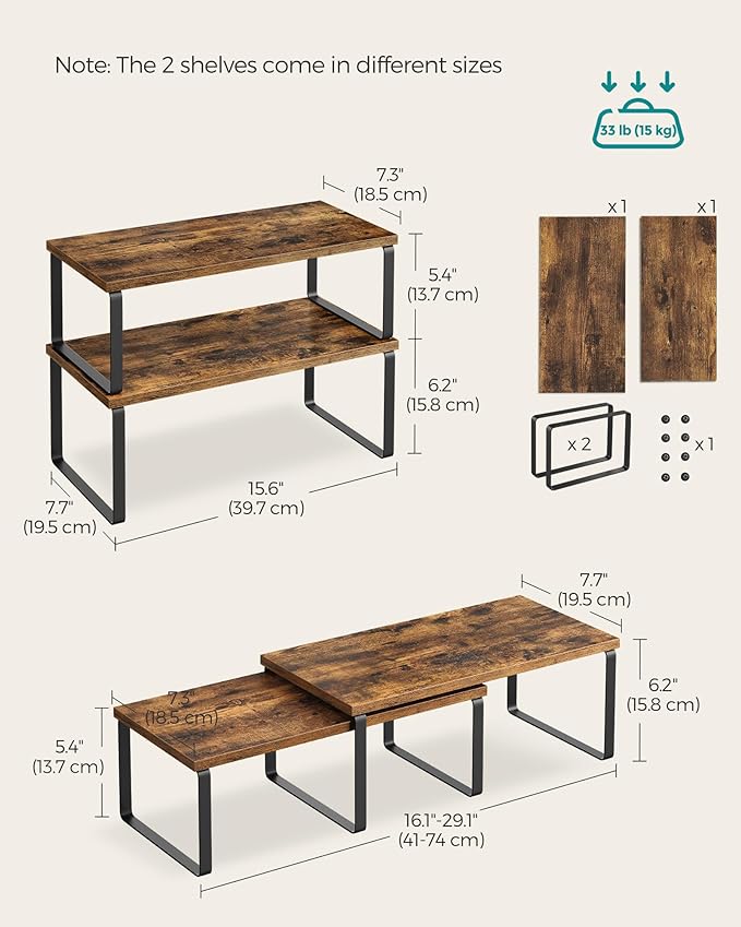 SONGMICS Cabinet Organizer Shelf, Set of 4 Kitchen Counter Shelves, Kitchen Storage, Spice Rack, Stackable, Expandable, Metal and Engineered Wood, Ink Black and Rustic Brown UKCS022X01