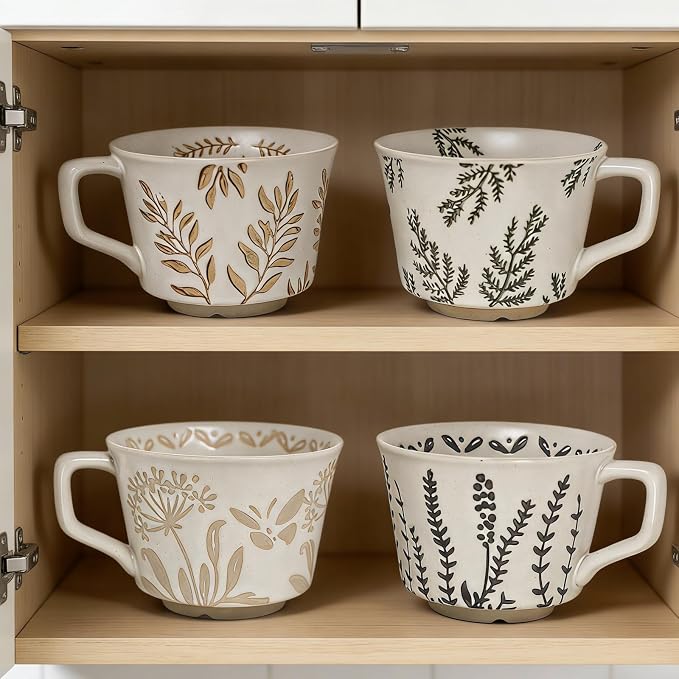 Vintage Ceramic Mug Set - 12 oz Unique Ceramic Coffee Mugs & Tea Cups - Image 7