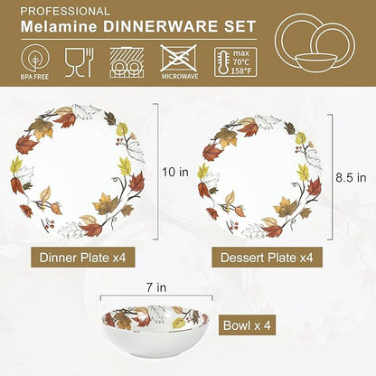Melamine Dinnerware Sets 12 Pcs, Melamine Plates and Bowls,Party Plates and Bowls Sets, Camping Dishes Set for 4, Unbreakable, BPA Free, Dishwasher Safe（Yellow Maple Leaves）