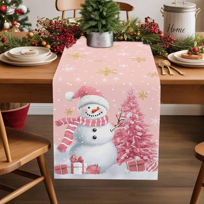 Pink Christmas Snowman Table Runners 72 Inches Long, Cotton Linen Fabric - Image 5