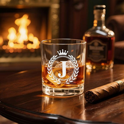 Whiskey Glasses - Rocks Old Fashioned Glass Gifts for Men, Monogrammed A-Z 10oz Personalized Whisky Glasses, Christmas Birthday Gifts for Men Him Dad Father Husband Brother Son (J)