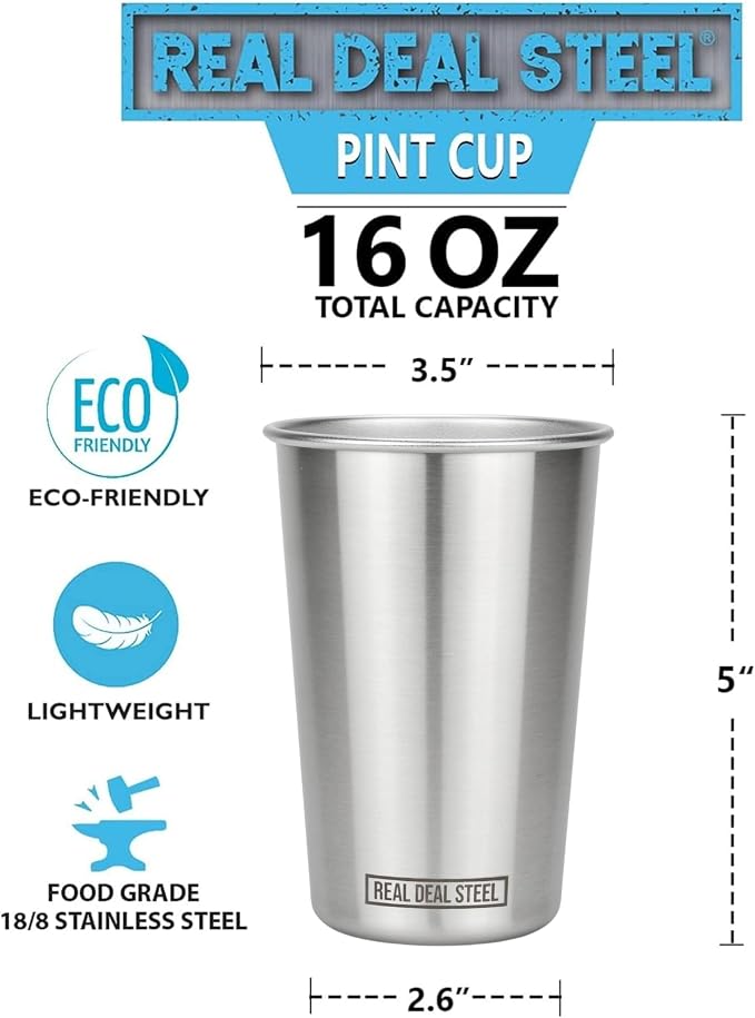 Real Deal Steel Stainless Steel 16 oz Pint Cups Stackable Single Wall Tumblers - Image 3