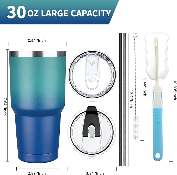 30 oz Tumbler with Lids and Straws, Stainless Steel Insulated Coffee Tumbler - Image 2
