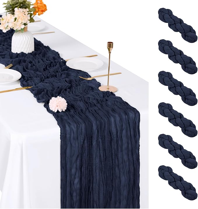 6 Pack Navy Blue Cheesecloth Table Runner, 17 x 108 inch, Semi Sheer Boho by ACSUIT