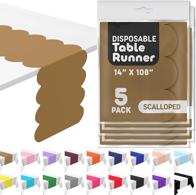 Gold Scallop Table Runner, Disposable Plastic, 5 Pack by Swanoo