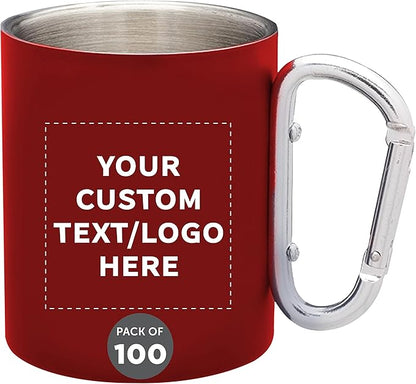 Custom Stainless Steel Mugs with Carabiner Handle 10 oz. Set of 100, Personalized Bulk Pack - Perfect for Coffee, Soda, Other Hot & Cold Beverages - Red