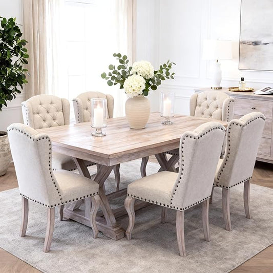 chairus Tufted Parsons Dining Chairs Set of 6, French Country Upholstered Dining Room Chairs with Nailhead Trim & Curved Wood Legs, Farmhouse High Back Armless Side Kitchen Chairs, Beige Linen