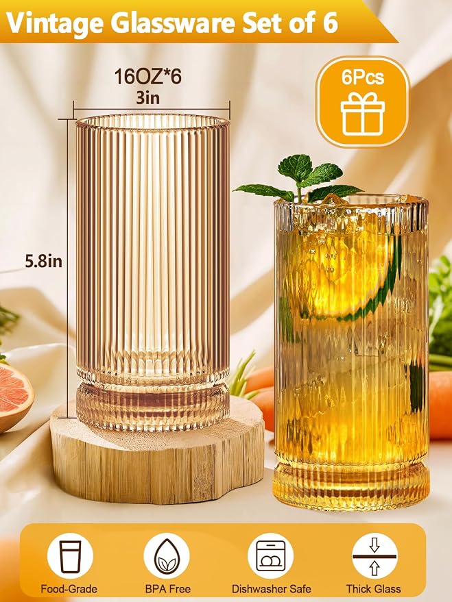 16Oz Amber Ribbed Glassware Set Of 6 – Vintage Drinking Glasses And Ribbed - Image 4