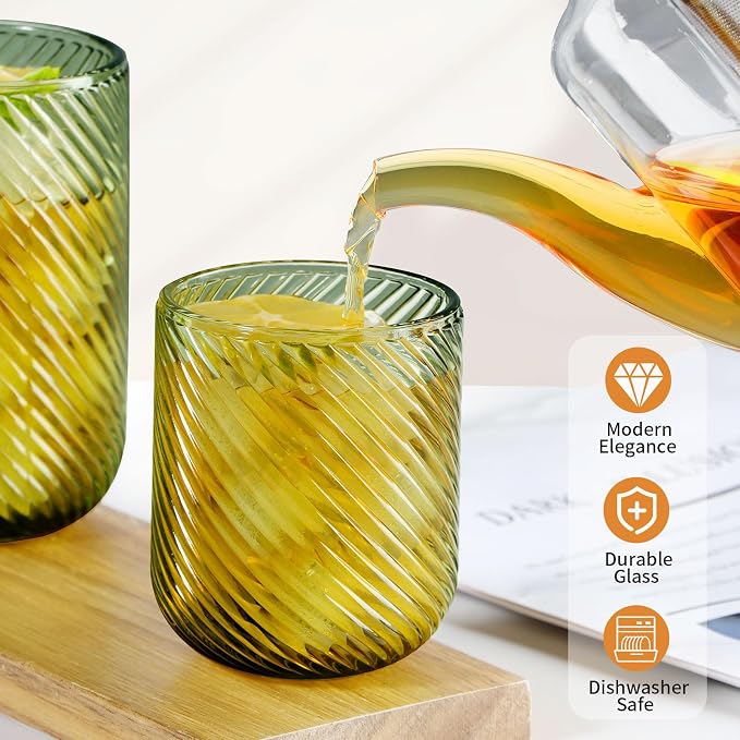 Set of 8 Ribbed Glassware, 4 Highball Glasses 14oz & 4 Rocks Drinking Glasses - Image 3