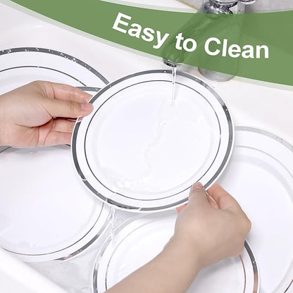 200 PCS Silver Plastic Plates, Silver Disposable Party Plates, Premium Christmas Plastic Plate Include 100 Dinner Platos 10'' and 100 Dessert Platos 7'' Perfect for Birthday, Christmas & Party