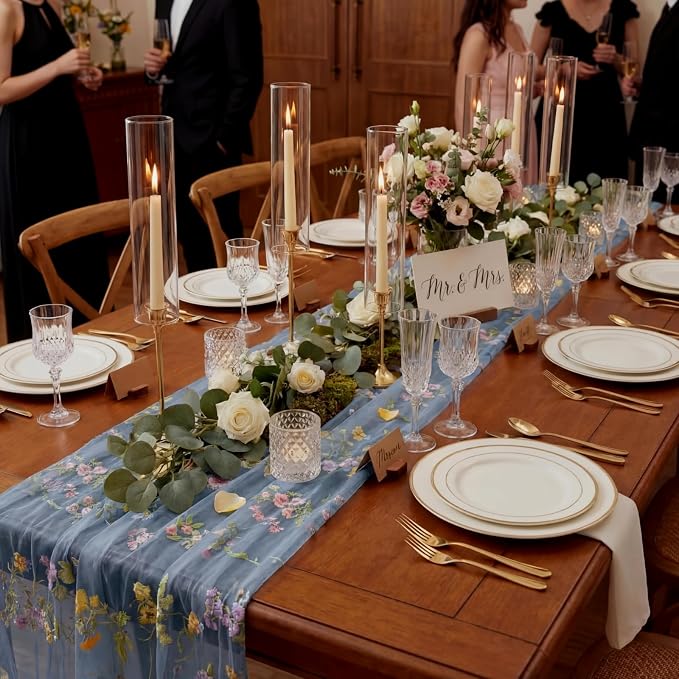 Blue Floral Table Runner 10ft Embroidery Tulle Spring Wildflower Table Runner - Image 5
