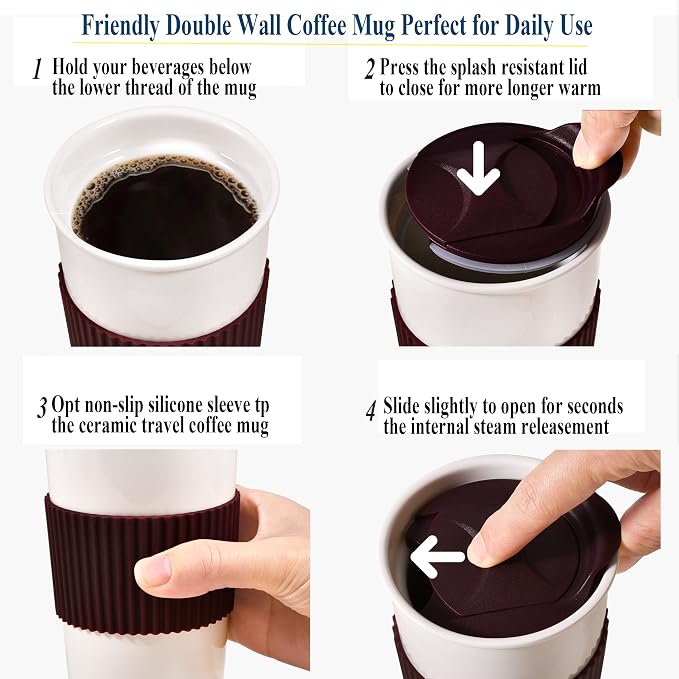 Ceramic Travel Mug, Double Wall Insulated Takeaway 12 oz Coffee Cup - Image 5