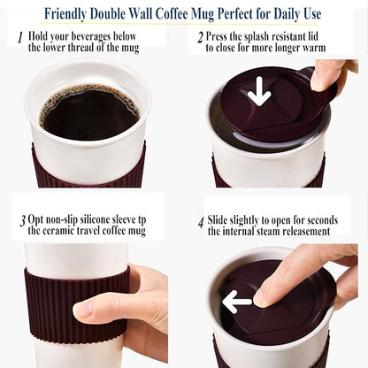 Ceramic Travel Mug, Double Wall Insulated Takeaway 12 oz Coffee Cup - Image 5