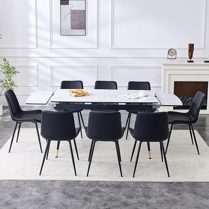 Extendable Dining Table Set for 8, 55'' to 78.8'' Rectangular Thickened Sintered Stone Kitchen Table with 8 Upholstered Chairs, Modern Space Saving 9-Piece Dinner Table Set