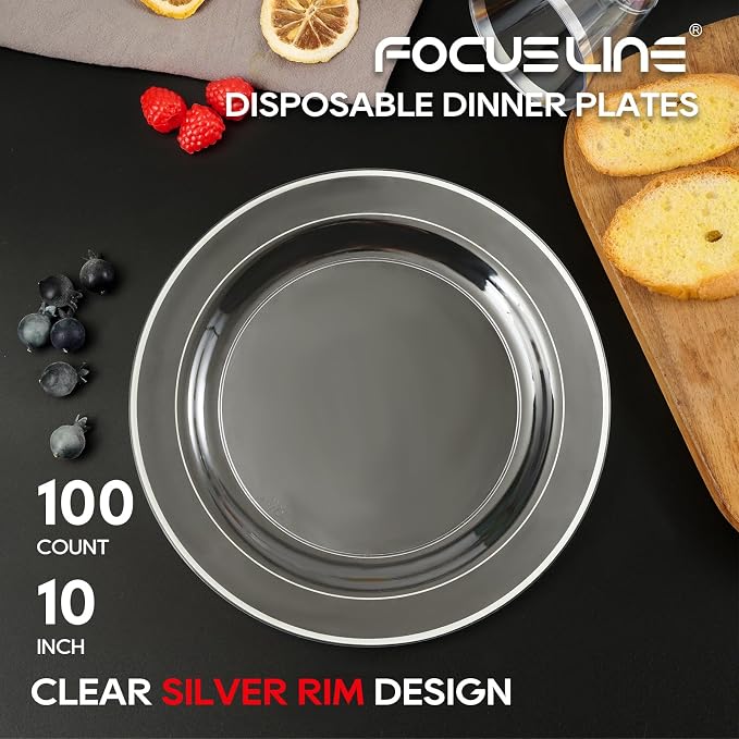 FOCUSLINE 100 Clear Silver Plastic Plates 10 Inch, Disposable Clear Plates - Image 2