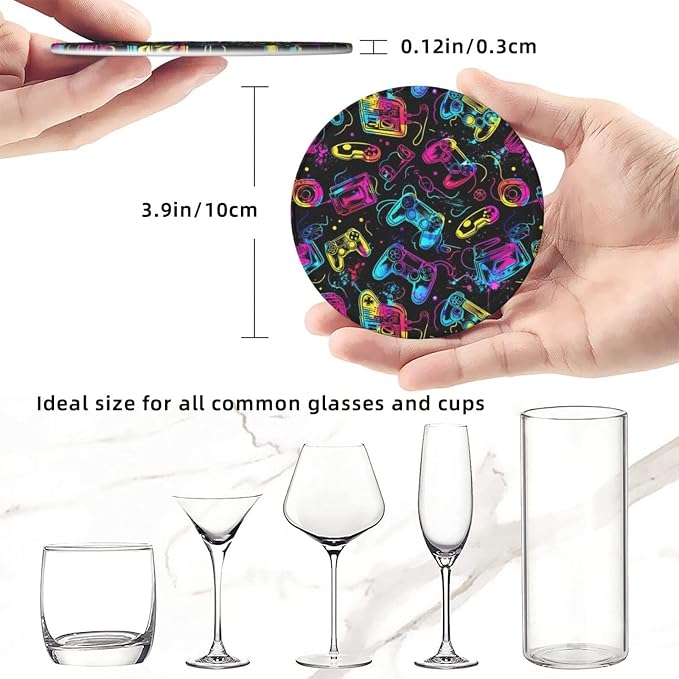 Drink Coasters with Holder Stand Set of 6, Bright Game Controller Pu Leather - Image 3