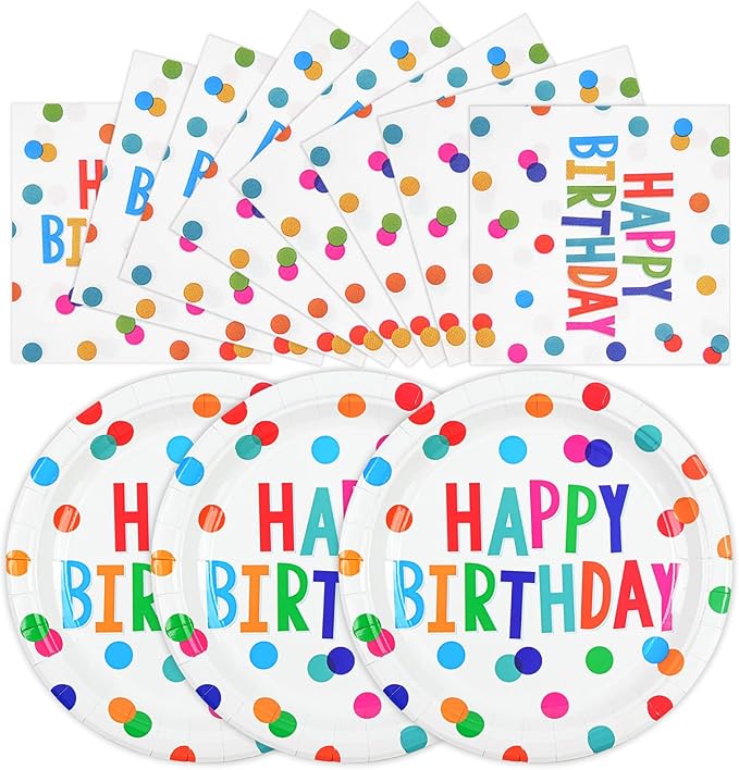 50PCS Birthday Plates and Napkins Party Decorations, 7inch Colorful Dots Happy by Unknown