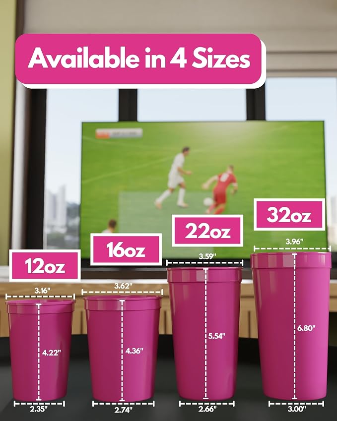 PartyPrints 10 Pack 16 oz Neon Pink Reusable Blank Plastic Cups, Stadium Cups - Image 4