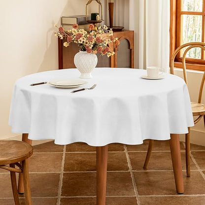 White Fabric 60 Inch Round Table Cloth Faux Linen Textured Water Resistant & Wipeable Circle Tablecloth Reusable for Dining Kitchen Patio