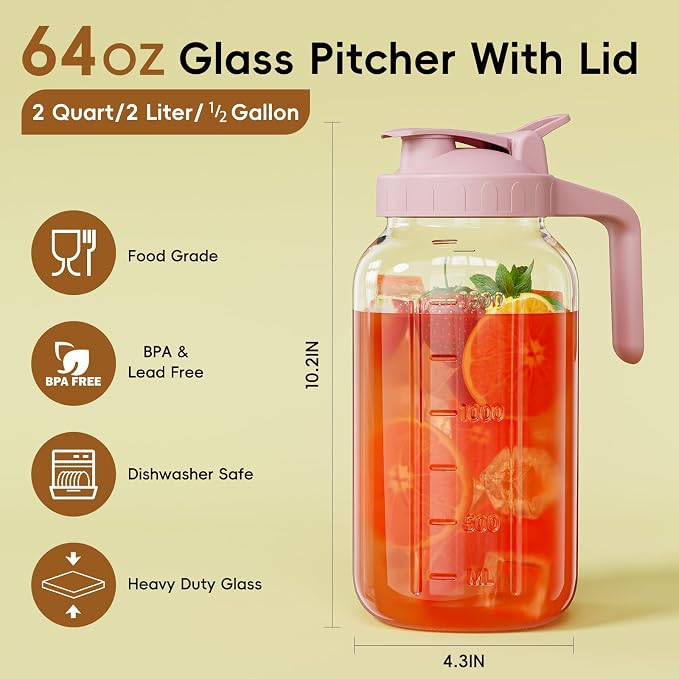 Glass Pitcher with lid, 64 oz Wide Mouth Mason Jar | Dual leak-proof lid - Image 2