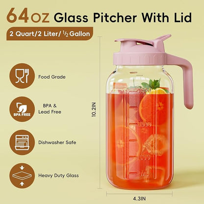 Glass Pitcher with lid, 64 oz Wide Mouth Mason Jar | Dual leak-proof lid - Image 2