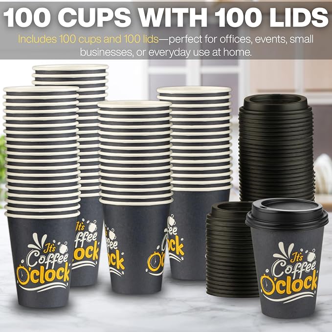 Disposable Coffee Cups with Lids, To Go Paper Hot Cups, Coffee O'Clock Design - Image 4