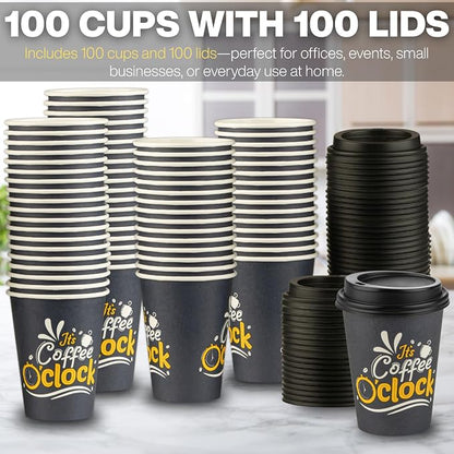 Disposable Coffee Cups with Lids, To Go Paper Hot Cups, Coffee O'Clock Design - Image 4