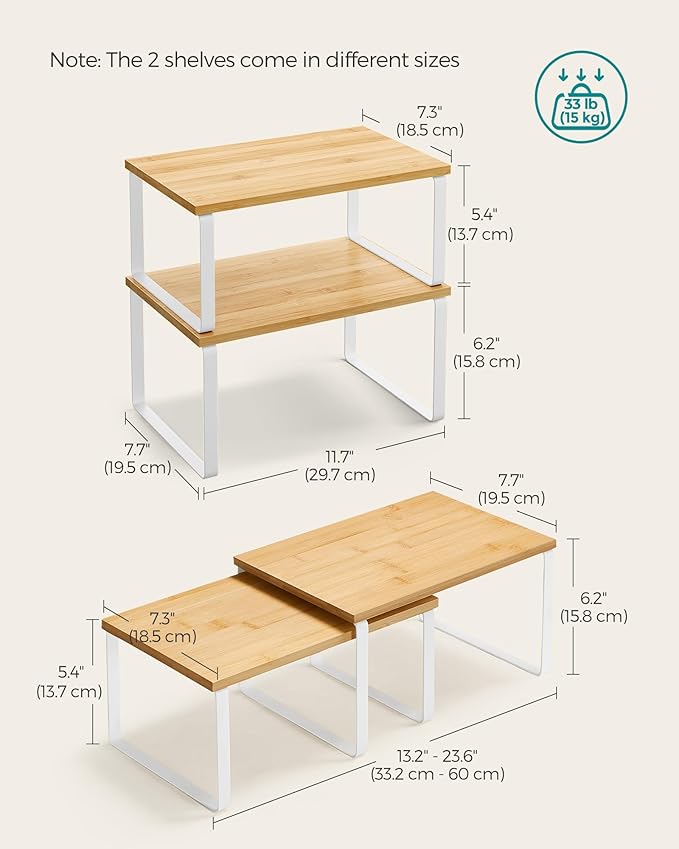 SONGMICS Cabinet Organizer Shelf, Set of 4 Kitchen Counter Shelves, Kitchen Storage, Spice Rack, Stackable, Expandable, Metal and Engineered Wood, Cloud White and Natural Beige UKCS010N01