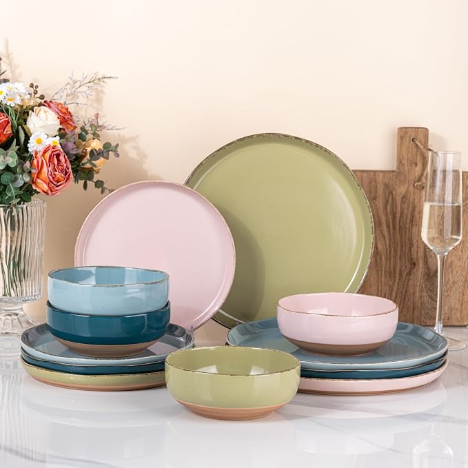 AmorArc Dinnerware Sets for 4, 12 Pieces Ceramic Plates and Bowls Set | Scratch by AmorArc
