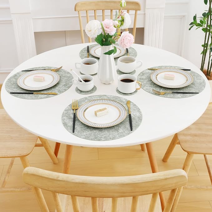 Homaxy Round Faux Leather Placemats and Coasters, Grass Green | Washable - Image 8
