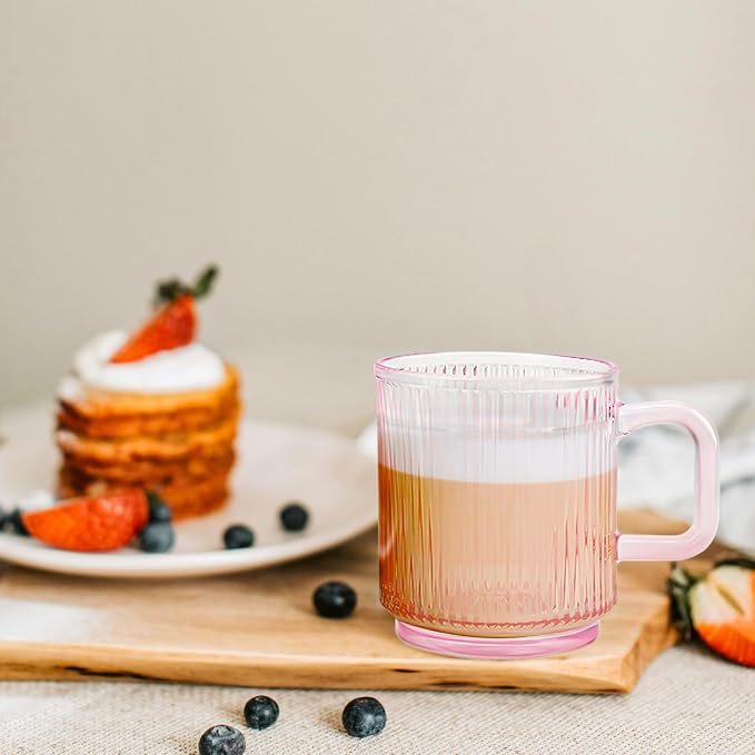Glass Coffee Mugs 6 Pack - 12 OZ Pink Coffee Cups - Classic Vertical Stripes - Image 7