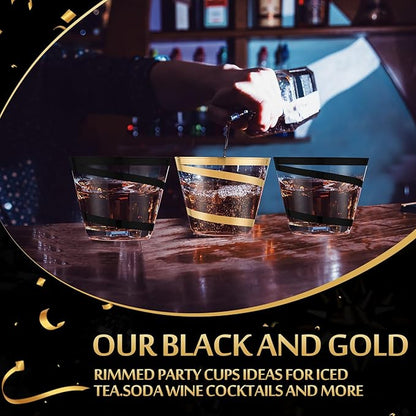 Gejoy 9 oz Rimmed Swirl Plastic Cups Disposable Wine Drinking Cups Clear Elegant Halloween Tumblers for Christmas Party Supplies(Black, Gold,50 Pcs)