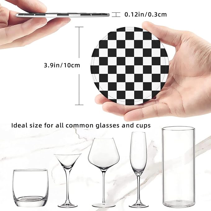 Drink Coasters with Holder Stand Set of 6 Black and White Checkerboard Pu - Image 3