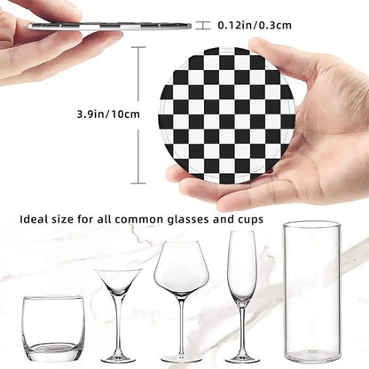 Drink Coasters with Holder Stand Set of 6 Black and White Checkerboard Pu - Image 3