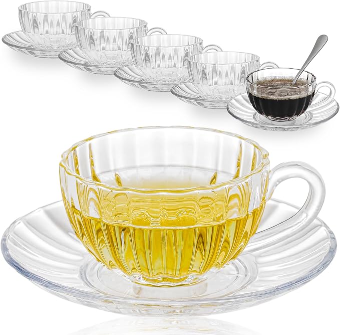 Glass Tea Cups and Saucers Set of 6, Dishwasher & Microwave Safe Teacups by GURUDAR