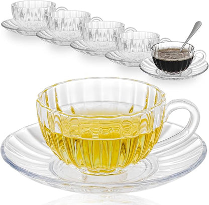 Glass Tea Cups and Saucers Set of 6, Dishwasher & Microwave Safe Teacups by GURUDAR
