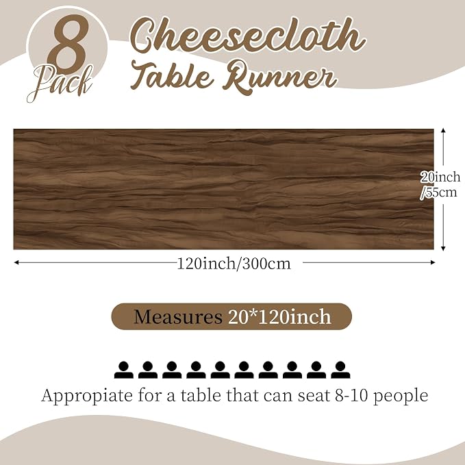 8 Pack Brown Cheesecloth Table Runners 20x120 Inch Gauze Table Runner Cheese - Image 3