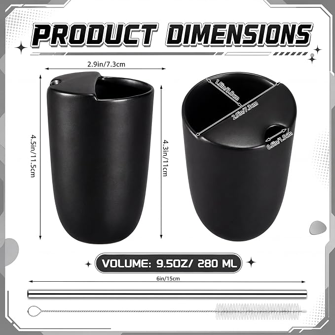2 Pack Ceramic Coffee Mug with Sip Hole 9.5oz Retro Espresso Cup with Straws - Image 2