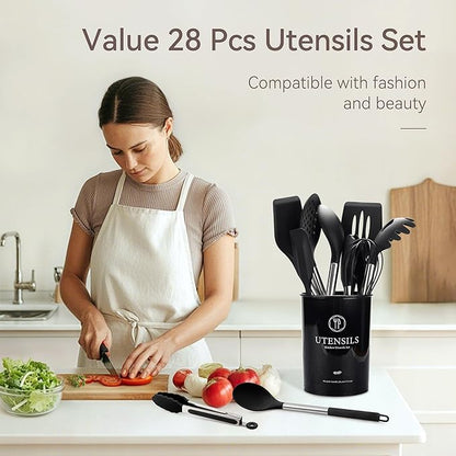 Silicone Kitchen Utensils Set, 28 Pcs Cooking Utensils Set 446°F Heat Resistant Spatula Set, Food Grade Silicone and Stainless Steel Handle Kitchen Gadgets for Nonstick Cookware BPA Free