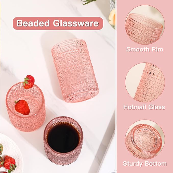 JOVGANK Pink Vintage Hobnail Drinking Glasses Set of 6, Water Tumbler 15oz - Image 4