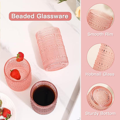 JOVGANK Pink Vintage Hobnail Drinking Glasses Set of 6, Water Tumbler 15oz - Image 4