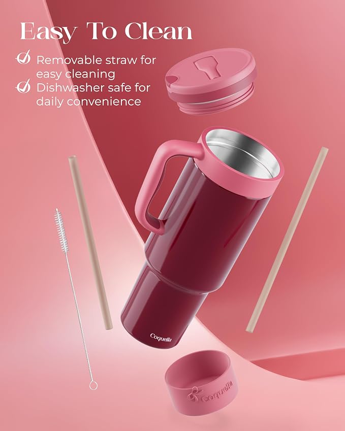 40 oz Insulated Tumbler with Handle and Push-Button Straw Lid, Stainless Steel - Image 6