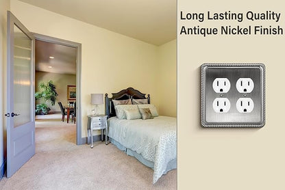 Henne Bery Rope Edge Decorative Wall Plate Switch Plate Outlet Cover (Double Duplex, Heirloom Silver)