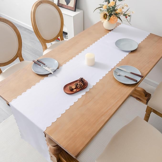 Solid White Farmhouse Scalloped Table Runner 13 x 72 Inchs | Washable Polyester - Image 3