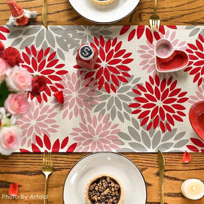 Artoid Mode Red Pink Dahlia Floral Pinnata Valentine Table Runner, Summer - Image 7