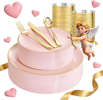 WDF 150Pcs Pink Plates Disposable - Pink and Gold Plastic Plates 25guest Disposable Dinnerware Include 25 Dinner Plate, 25 Dessert Plate, 25 Cutlery & 25 9oz Cups for Wedding, Party, Valentine's Day