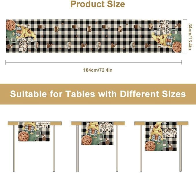 Coffee Time Table Runner, Rustic Black White Plaid Buffalo Gnome Coffee Theme - Image 5