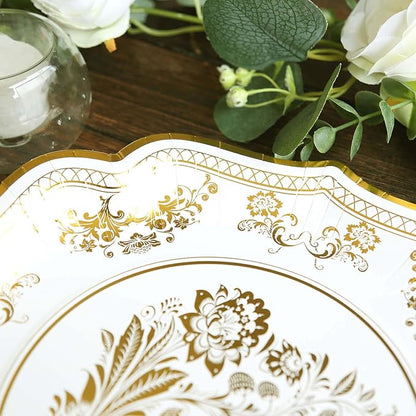 50 Pack 10" White Gold French Toile Dinner Plates, Disposable Round Paper Party Plates 300 GSM for Festive Table Decoration