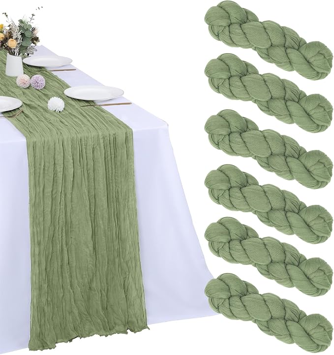 6 Pack Sage Green Cheesecloth Table Runner 35 x 120 Inch | Boho Gauze Fabric by RestfulGlow